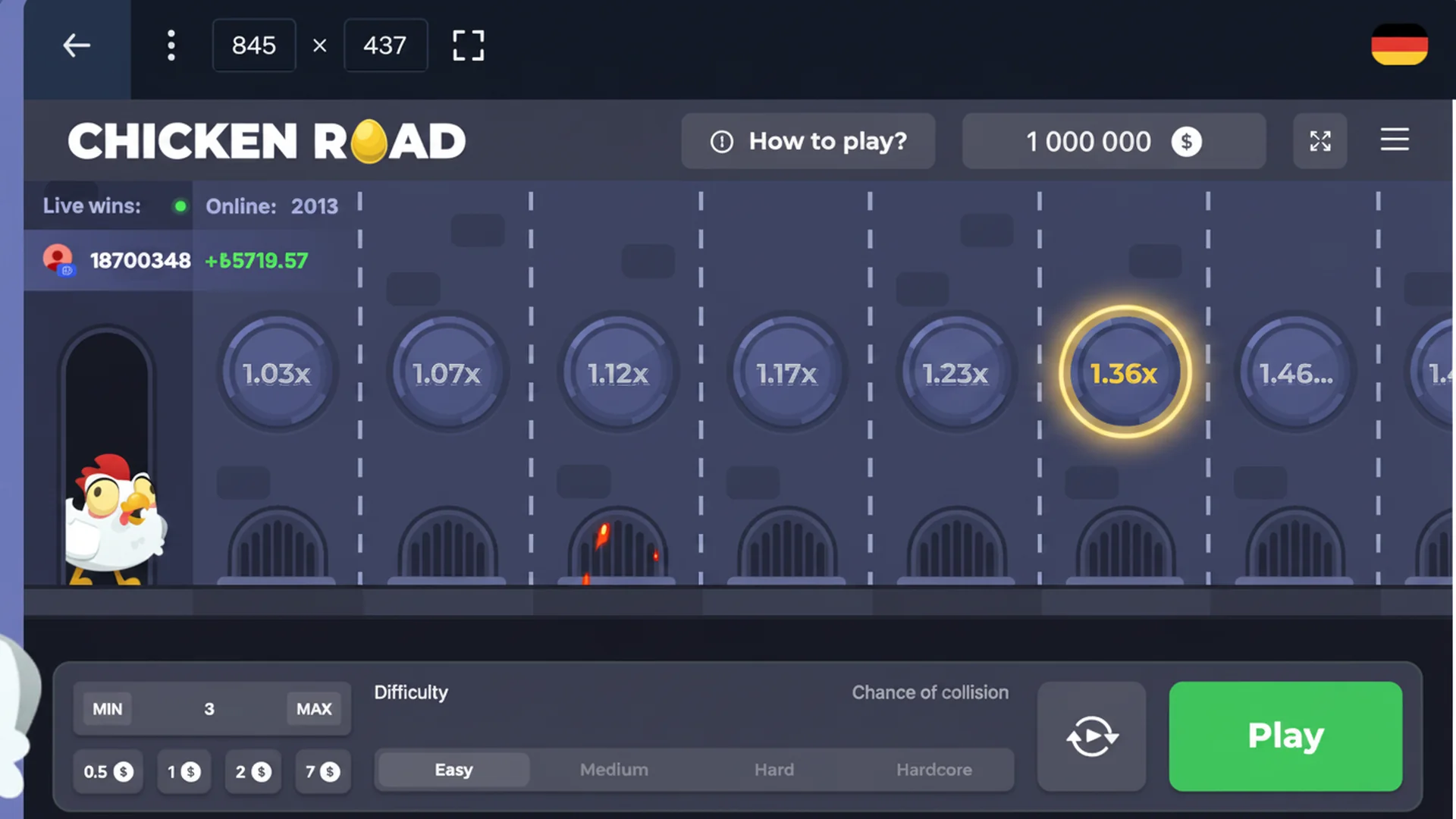 Chicken Road Screenshot - Huhn auf der Strasse mit Multiplikator x3,24 und Cash-Out-Button